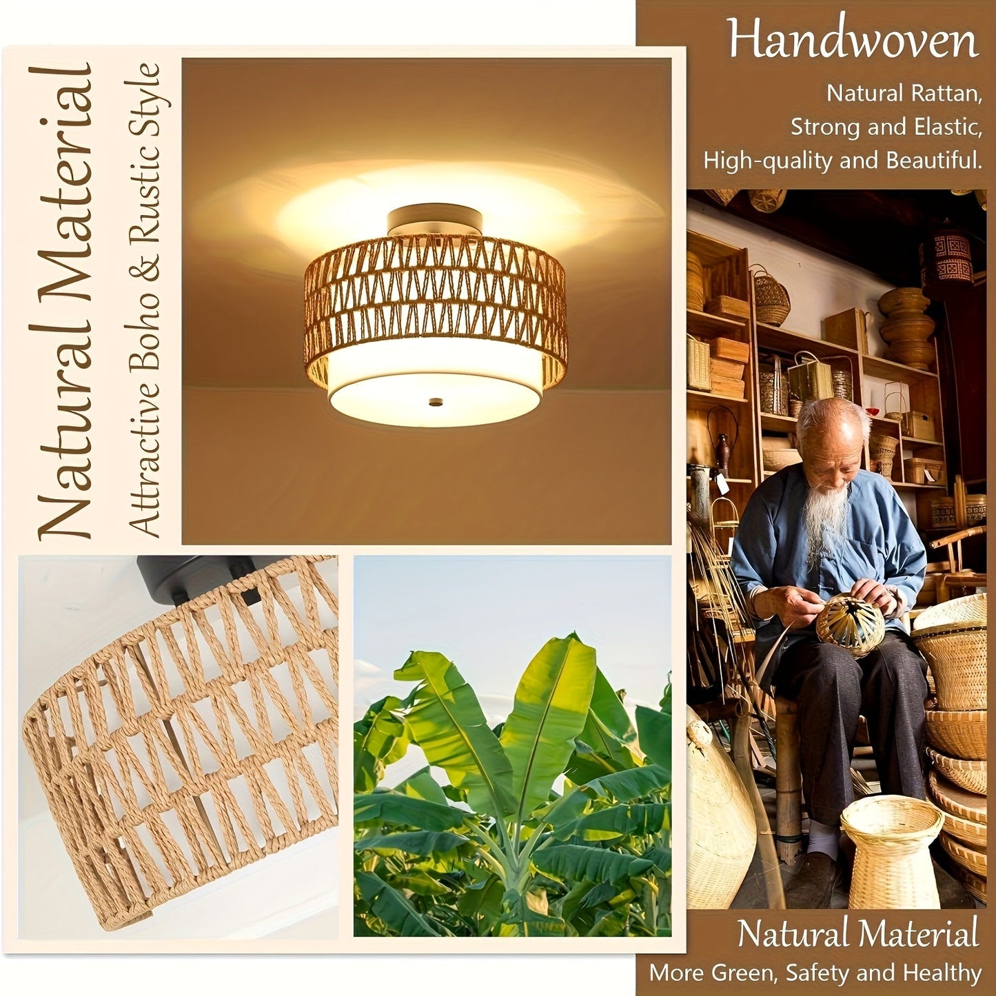Boho Rattan Semi-Flush Ceiling Light