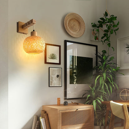 Rustic Wood and Rattan Wall Sconce