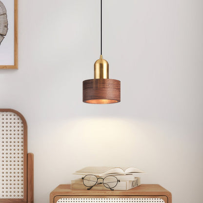 Cylinder Walnut and Brass Pendant Light