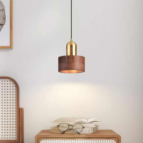Cylinder Walnut and Brass Pendant Light