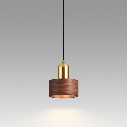 Cylinder Walnut and Brass Pendant Light