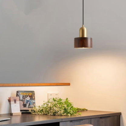 Cylinder Walnut and Brass Pendant Light