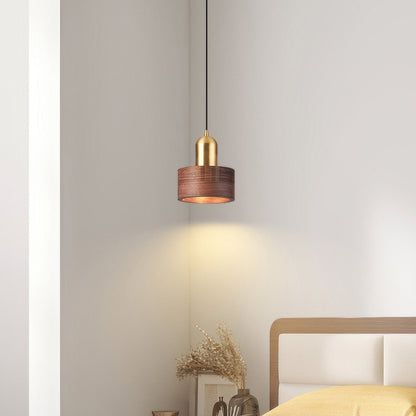 Cylinder Walnut and Brass Pendant Light