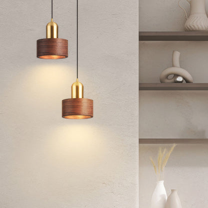 Cylinder Walnut and Brass Pendant Light