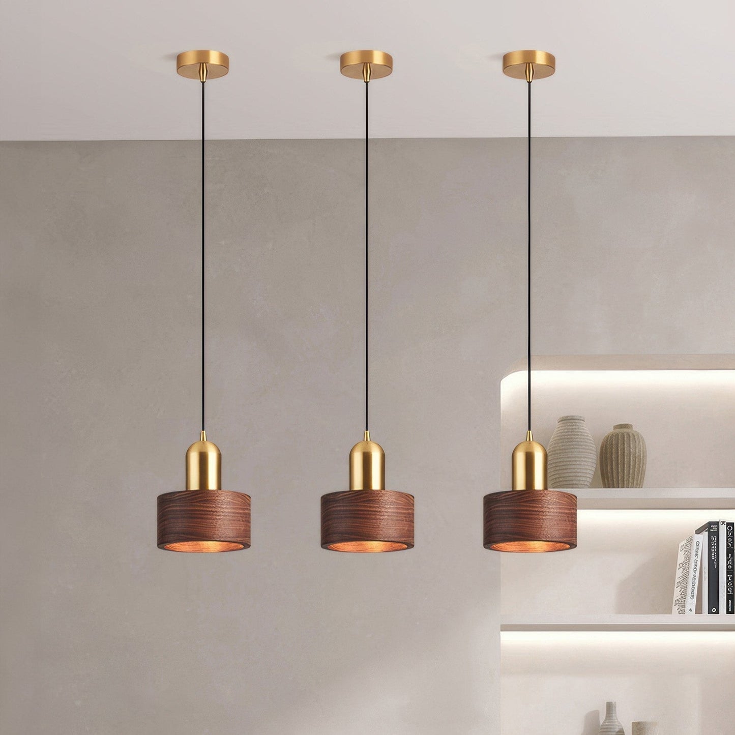 Cylinder Walnut and Brass Pendant Light