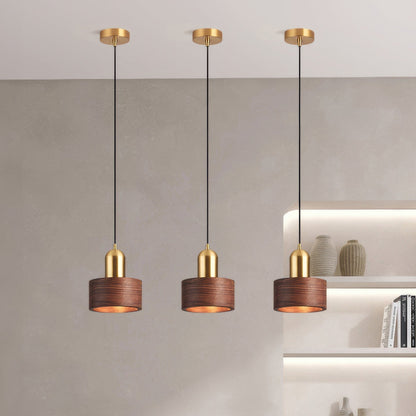 Cylinder Walnut and Brass Pendant Light