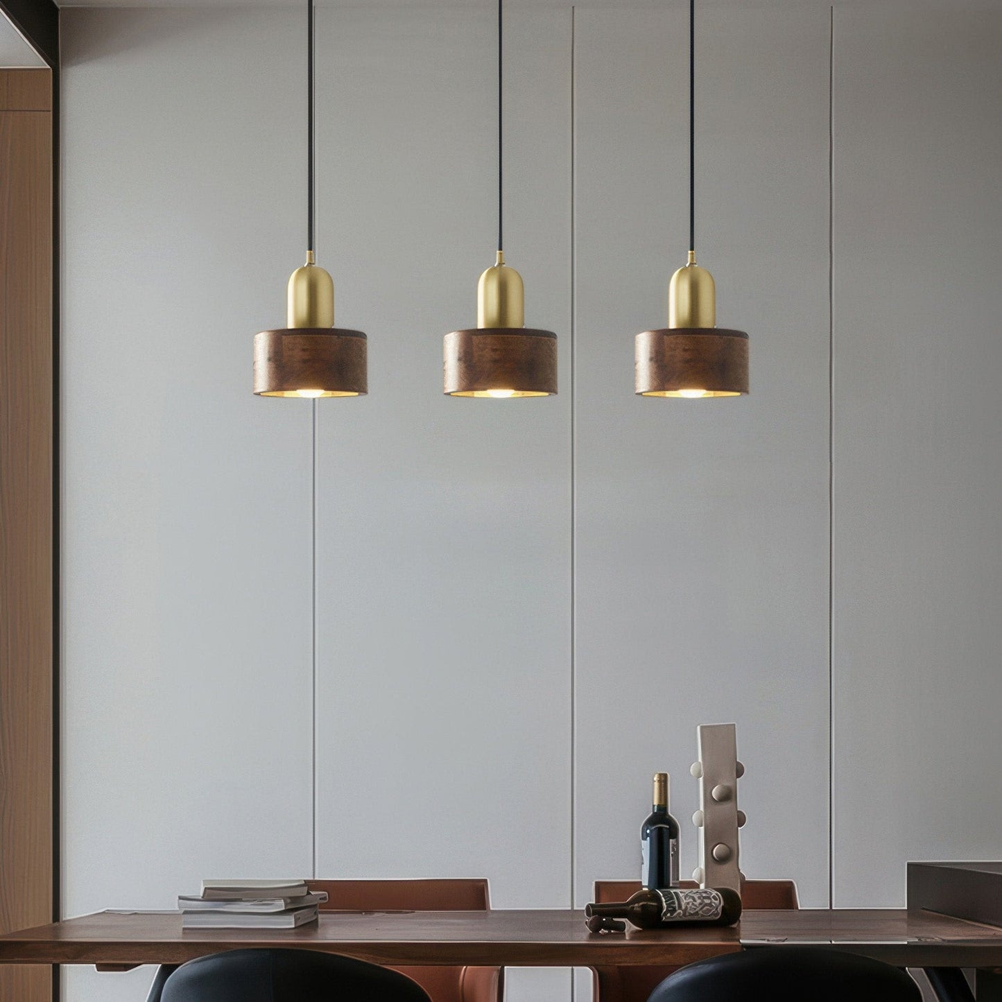 Cylinder Walnut and Brass Pendant Light