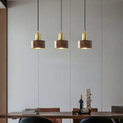 Cylinder Walnut and Brass Pendant Light