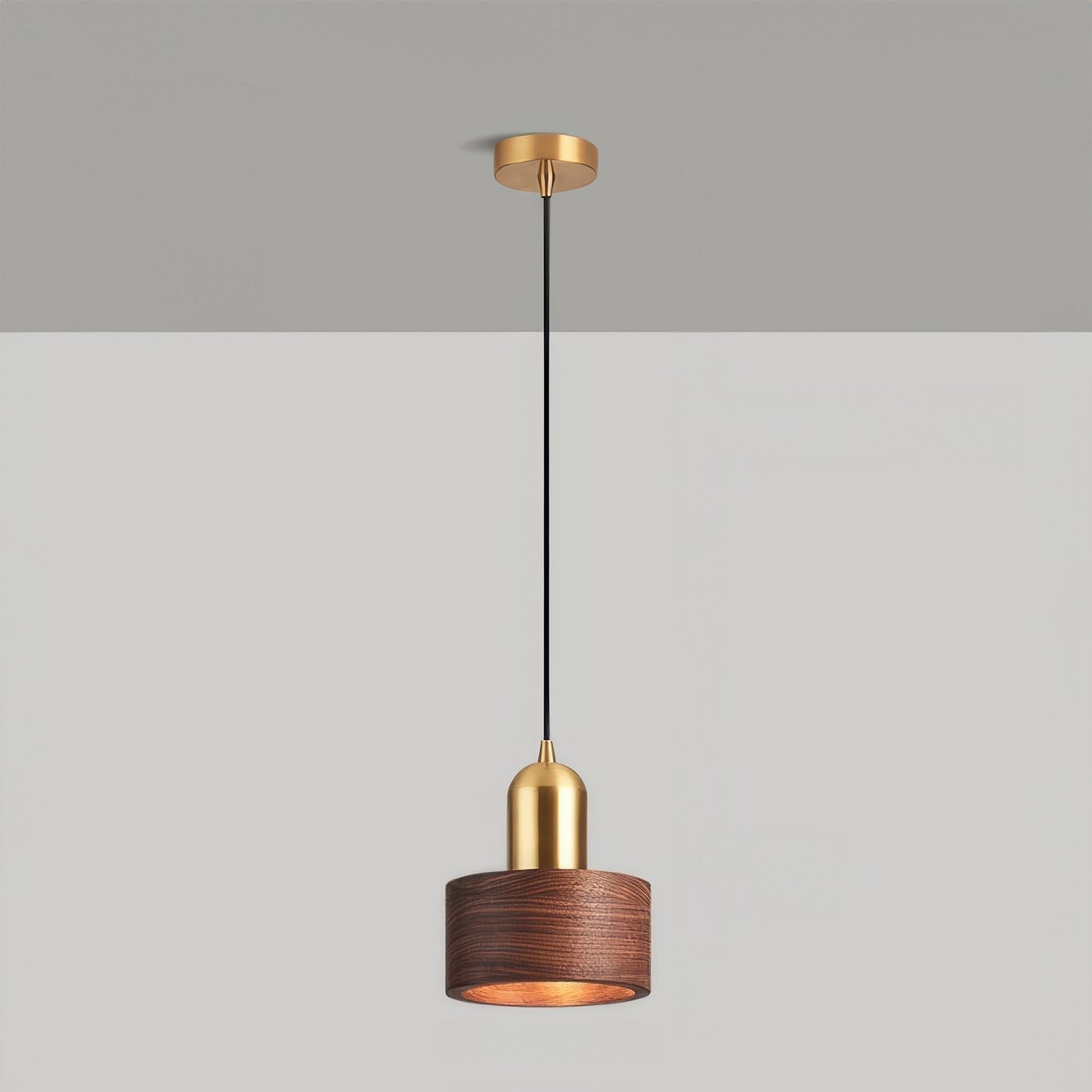 Cylinder Walnut and Brass Pendant Light