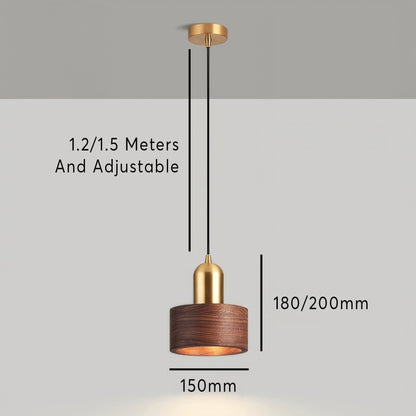 Cylinder Walnut and Brass Pendant Light