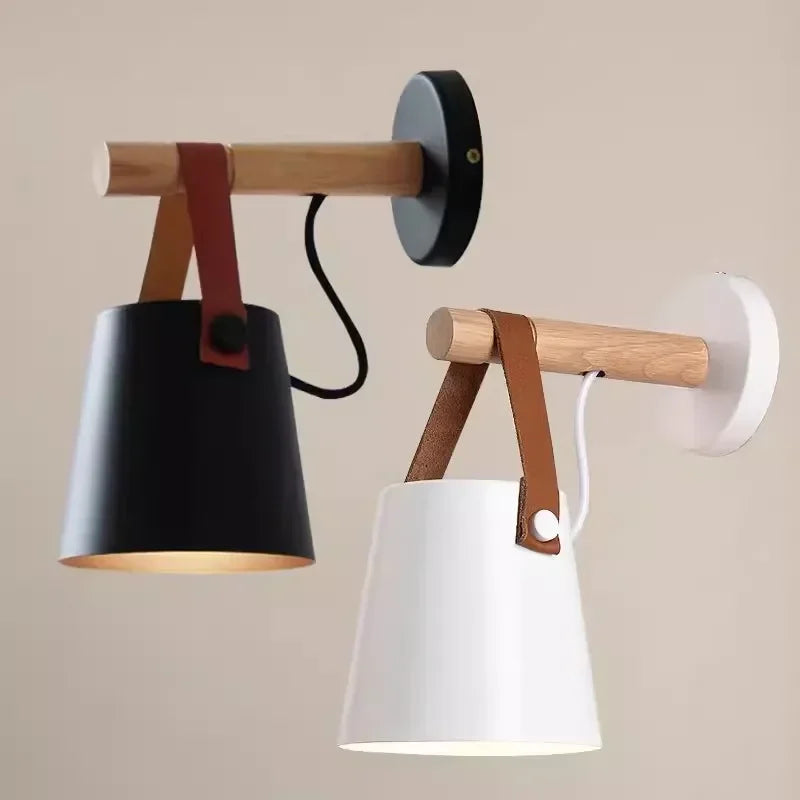 Nordic Wood and Leather Hanging Wall Lamp