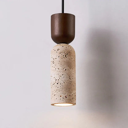 Wabi-Sabi Travertine and Wood Pendant Light