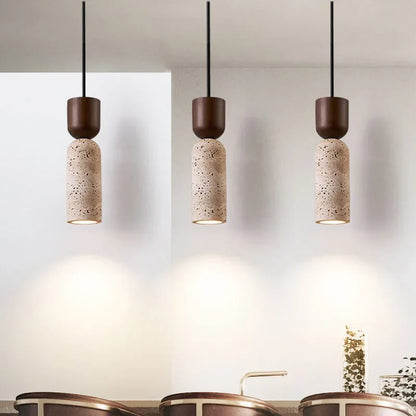 Wabi-Sabi Travertine and Wood Pendant Light