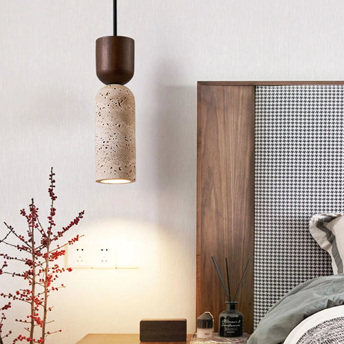 Wabi-Sabi Travertine and Wood Pendant Light