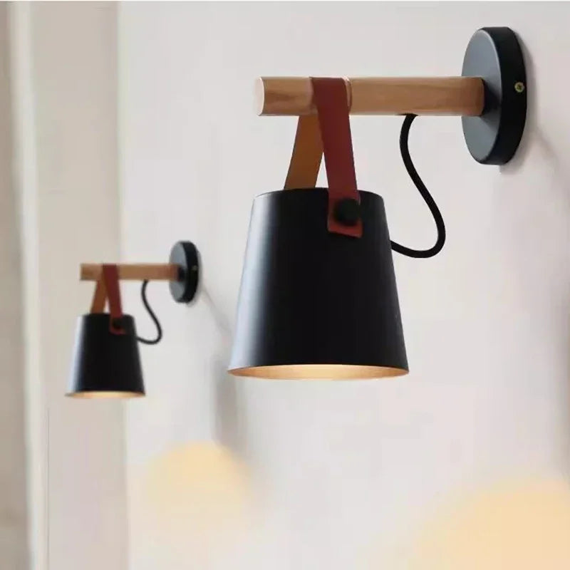 Nordic Wood and Leather Hanging Wall Lamp