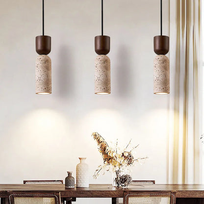 Wabi-Sabi Travertine and Wood Pendant Light