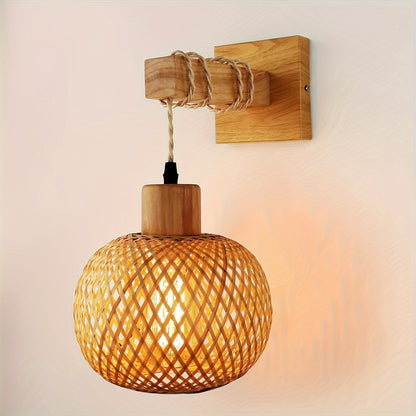 Rustic Wood and Rattan Wall Sconce