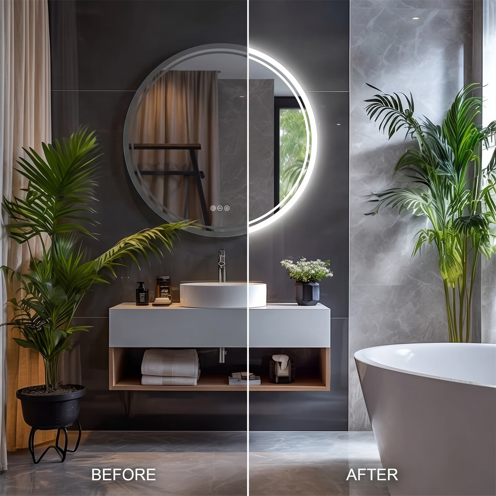 Halo Round LED Bathroom Mirror — before and after, LED off vs on