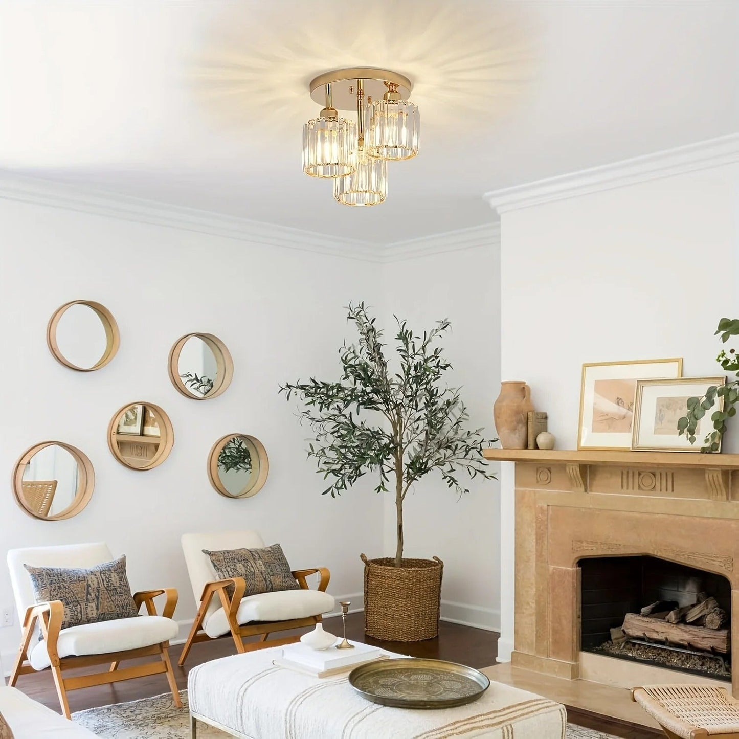 Gold Crystal Semi Flush Ceiling Light